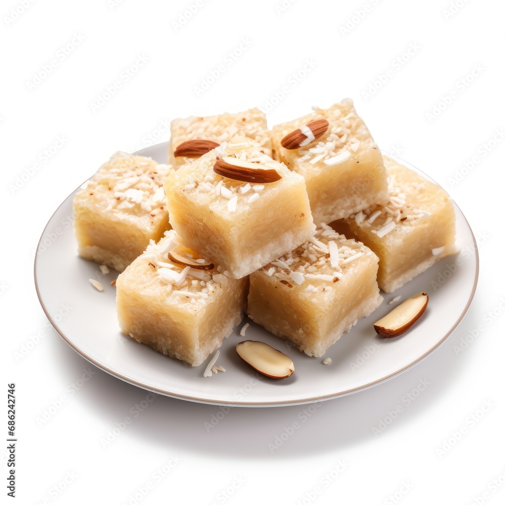 Coconut Barfi Tempting on White Background