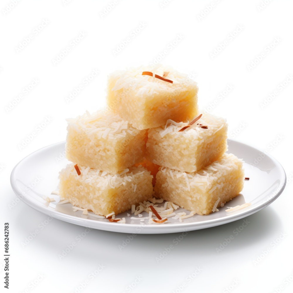 Coconut Barfi Tempting on White Background Coconut Barfi Tempting on White Background
