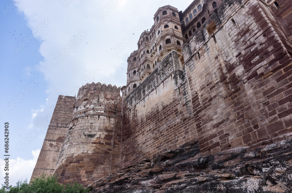 Architecture view of Mehrangarh Fort with Jodhpur city scape during a daytime. A UNESCO World heritage site in jodhpur.