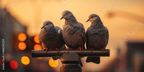 Pigeons sitting on a yellow traffic light, ignoring the red light.