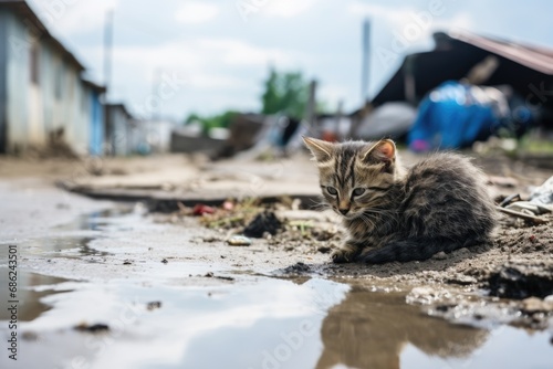 Unhappy lonely dirty homeless kitten sitting outdoor. Problem of homeless rejected animals. Animal without home. Human care, protecting and animal shelter concept photo