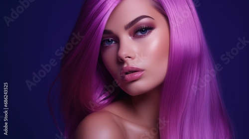 Portrait of a beautiful girl with pink hairs, blue eyes and purple background