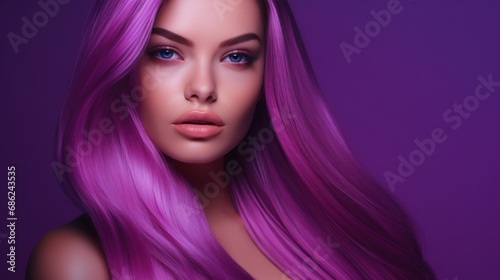 Portrait of a beautiful girl with pink hairs  blue eyes and purple background   