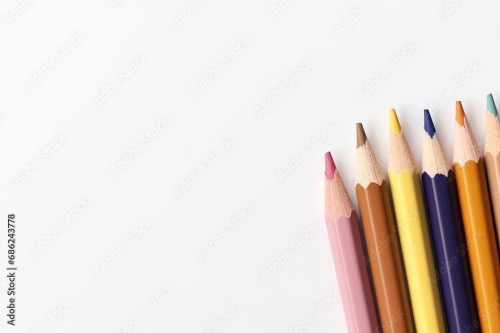 Collection of Vibrant Pencils with Their Shavings Neatly Arranged on White Background Leaving Ample Room for Additional Text Collection of Vibrant Pencils with Their Shavings Neatly Arranged on White Background Leaving Ample Room for Additional Text