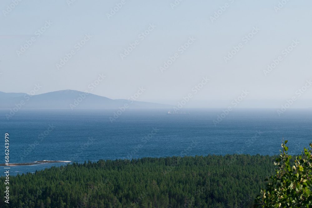 landscape with forest, sea and mountains. Kandalaksha, Murmansk region
