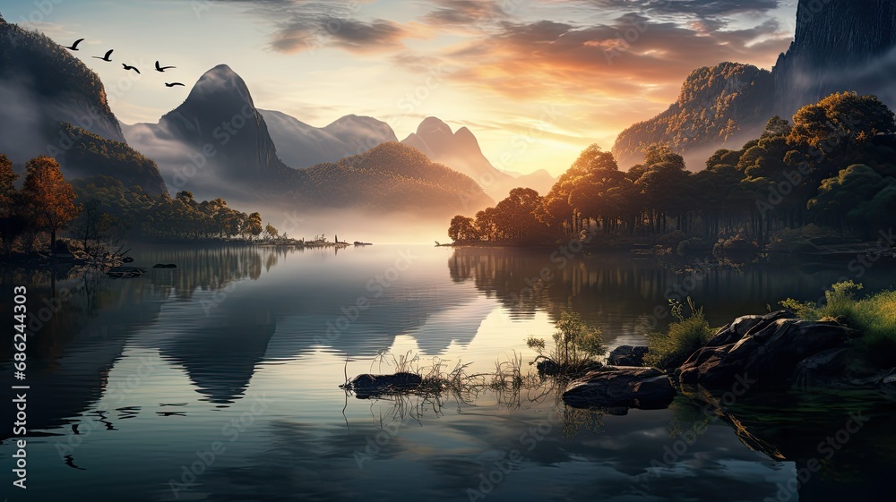 Peaceful mountain lake at sunrise, framed by rugged cliffs