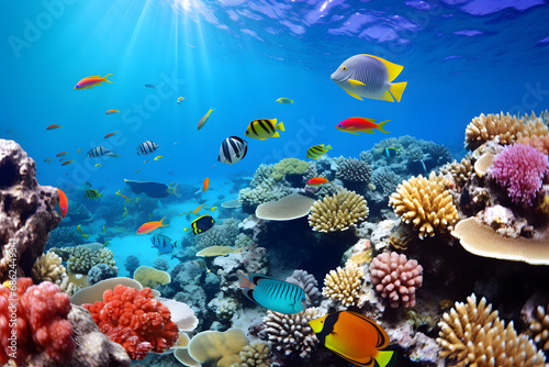 A coral reef teeming with colorful marine life under clear blue waters.