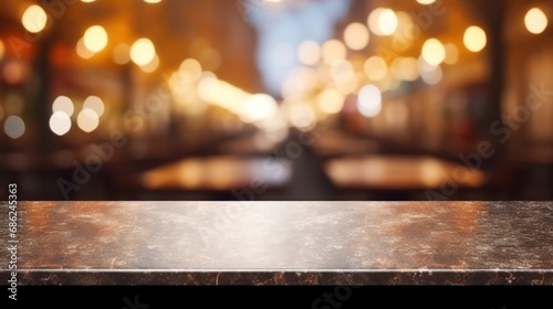 empty table marble blur background of street cafe with bokeh light, Advertisement, Print media, Illustration, Banner, for website, copy space, for word, template, presentation