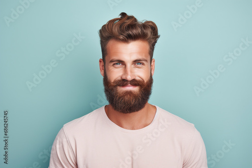 Handsome man with beard smiling and looking at camera. ai generative