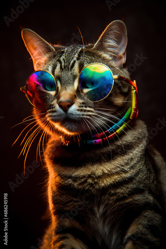 Party dj cat with rainbow sunglasses on black background
