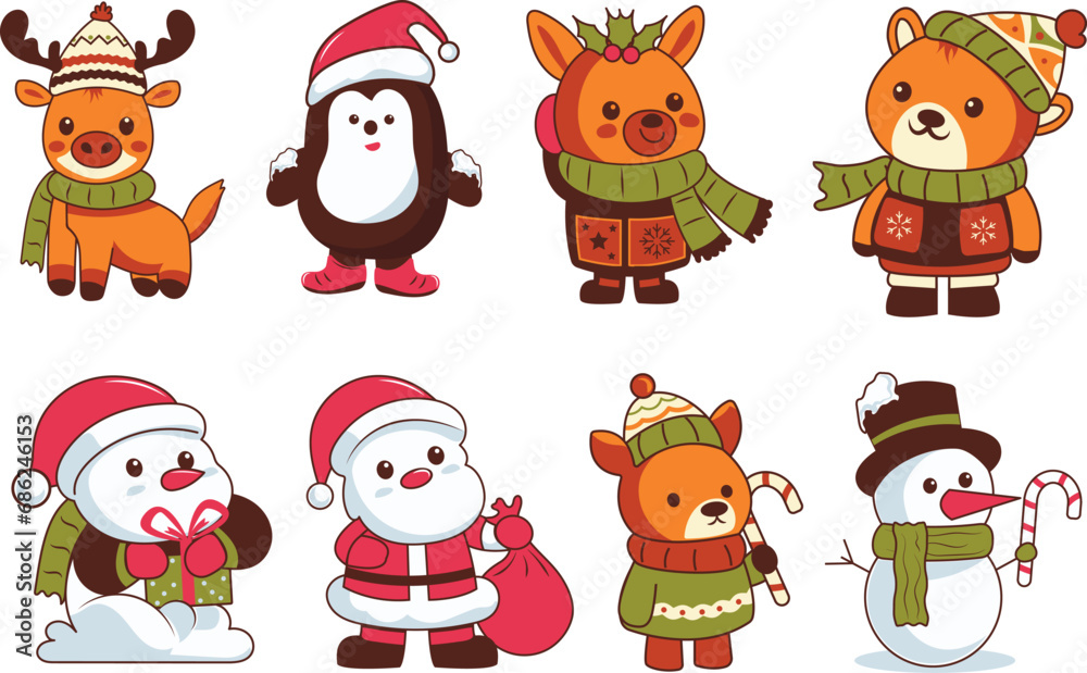 Set of Winter Joyful Vector Characters For Greetings, Invitation, Party and Fun Designs