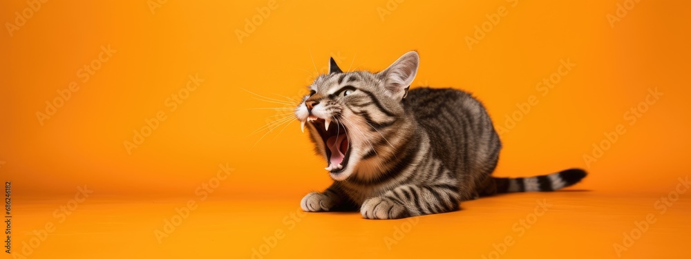 Evil cat looks maliciously, incredulously on orange background. Ferocious cat hisses with open mouth, shows teeth. Crazy tabby pet crying - obrazy, fototapety, plakaty 