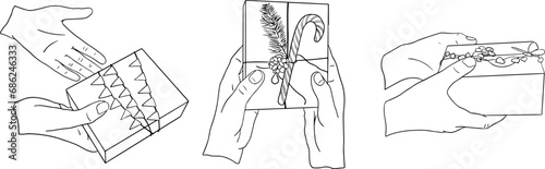 Outline hand drawn doodle set with hand s and gifts. Teenager hands giving present on holiday. Christmas, Valentines, birthday concept compositions. Perfect for tattoo, sticker, decoration, printout