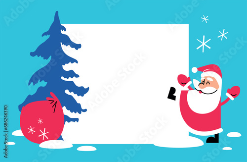 Santa Claus waves his hand welcomingly. A bag of gifts under the Christmas tree. Vector illustration in flat graphic style. Design for Christmas card, poster, banner. Wide step. Christmas character