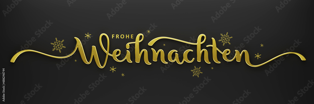 Obraz premium 3D render of FROHE WEIHNACHTEN (HAPPY CHRISTMAS in German) metallic gold brush calligraphy banner with snowflakes