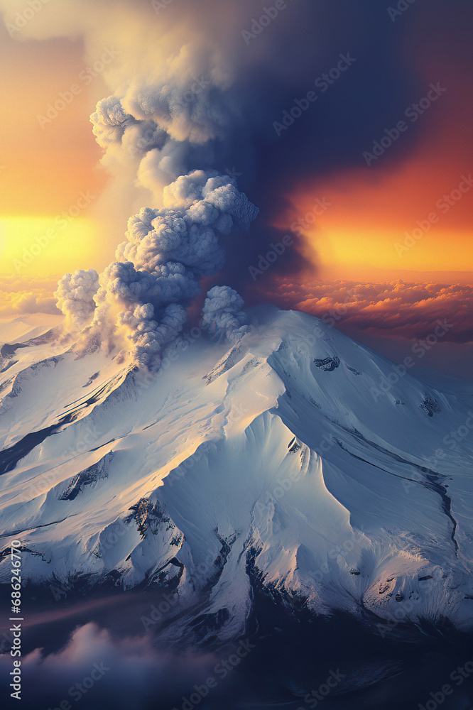 Fiery Sunset Over Snowy Volcano
