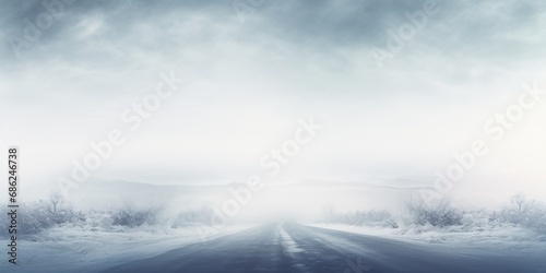 A snowy road disappears into a foggy winter landscape.
