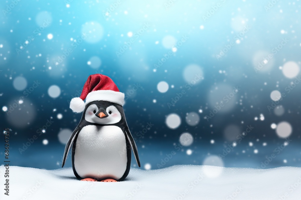 Cute little penguin in red hat on blurred blue background with snow. Christmas cute cartoon character. Winter holidays concept. Christmas and New Year greeting card or banner with copy space Cute little penguin in red hat on blurred blue background with snow. Christmas cute cartoon character. Winter holidays concept. Christmas and New Year greeting card or banner with copy space