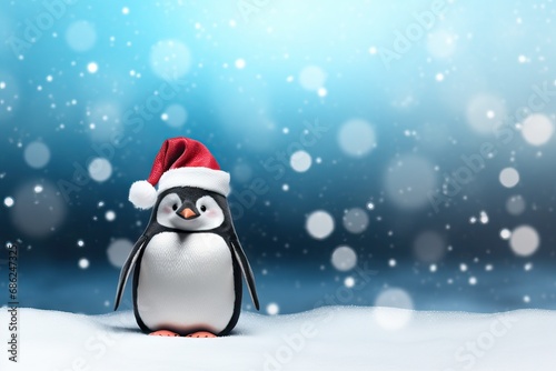 Cute little penguin in red hat on blurred blue background with snow. Christmas cute cartoon character. Winter holidays concept. Christmas and New Year greeting card or banner with copy space © ratatosk