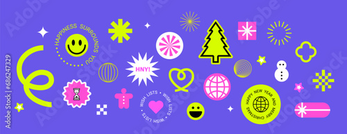 Y2k stickers for the new year holidays and Christmas Playful retro elements, Geometry shapes. Neon colors. Funky typography.