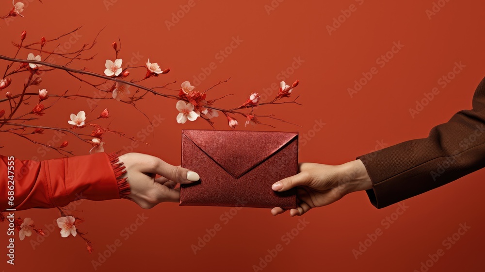 Two people opening red envelope. Chinese new year celebration - obrazy, fototapety, plakaty 