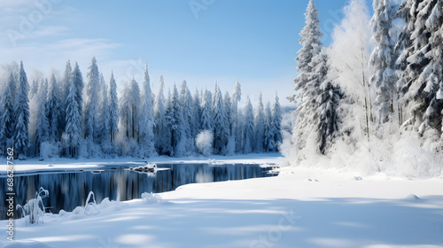 A frozen lake surrounded by snow-covered trees, showcasing winter's beauty. © Thomas