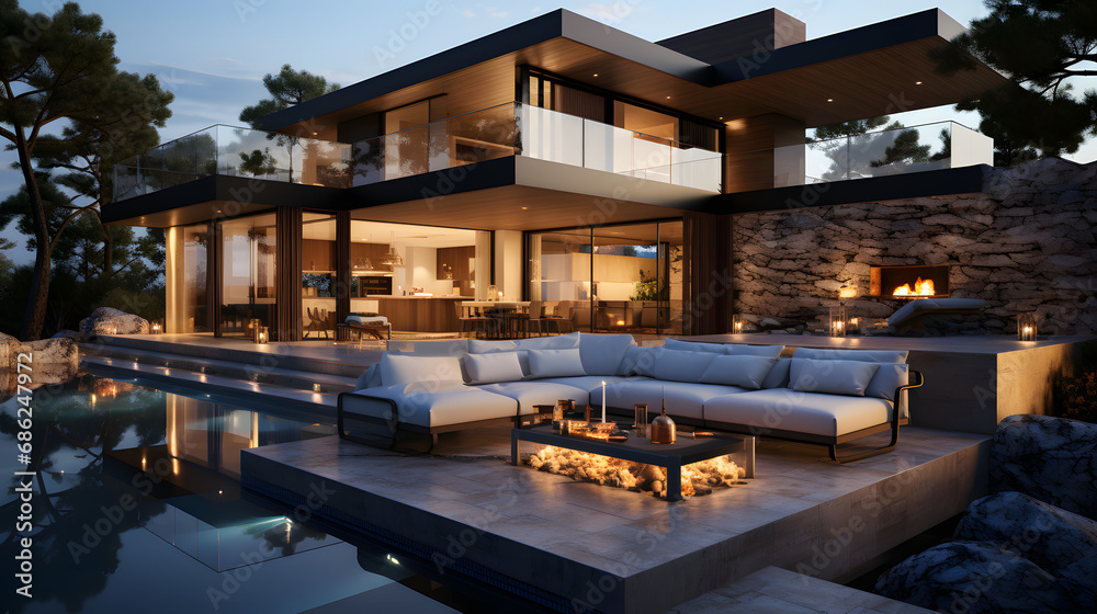 Contemporary Dark Villa with Open-Plan Living, Private Chair Wing, and Cozy Terrace for Relaxation, Enhanced by Generative AI Contemporary Dark Villa with Open-Plan Living, Private Chair Wing, and Cozy Terrace for Relaxation, Enhanced by Generative AI