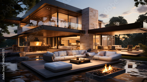 Contemporary Dark Villa with Open-Plan Living, Private Chair Wing, and Cozy Terrace for Relaxation, Enhanced by Generative AI