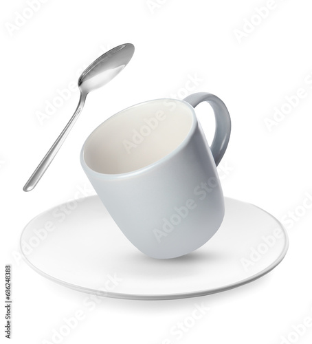 Clean plate, cup and spoon falling on white background