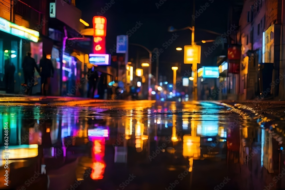 Neon lights reflected in puddles of water, a metropolitan street illuminated by multiple colors at night. Bokeh lighting with a blurred abstract night background