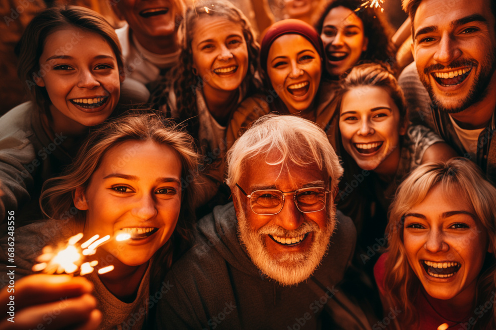 Happy family celebrating christmas, new year with sparkling fireworks and spalkler lights during night party - Group of people of different ages having fun. People concept