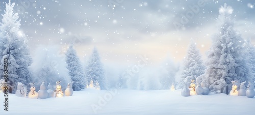 Merry Christmas and Happy New Year wide screen background, Christmas Tree with lights and snow.