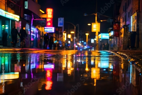Neon lights reflected in puddles of water, a metropolitan street illuminated by multiple colors at night. Bokeh lighting with a blurred abstract night background