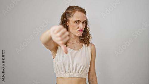 Stunning young woman, standing isolated against a white background, portrays a negative thumbs down gesture. her angry countenance and unhappy expression show blatant disapproval