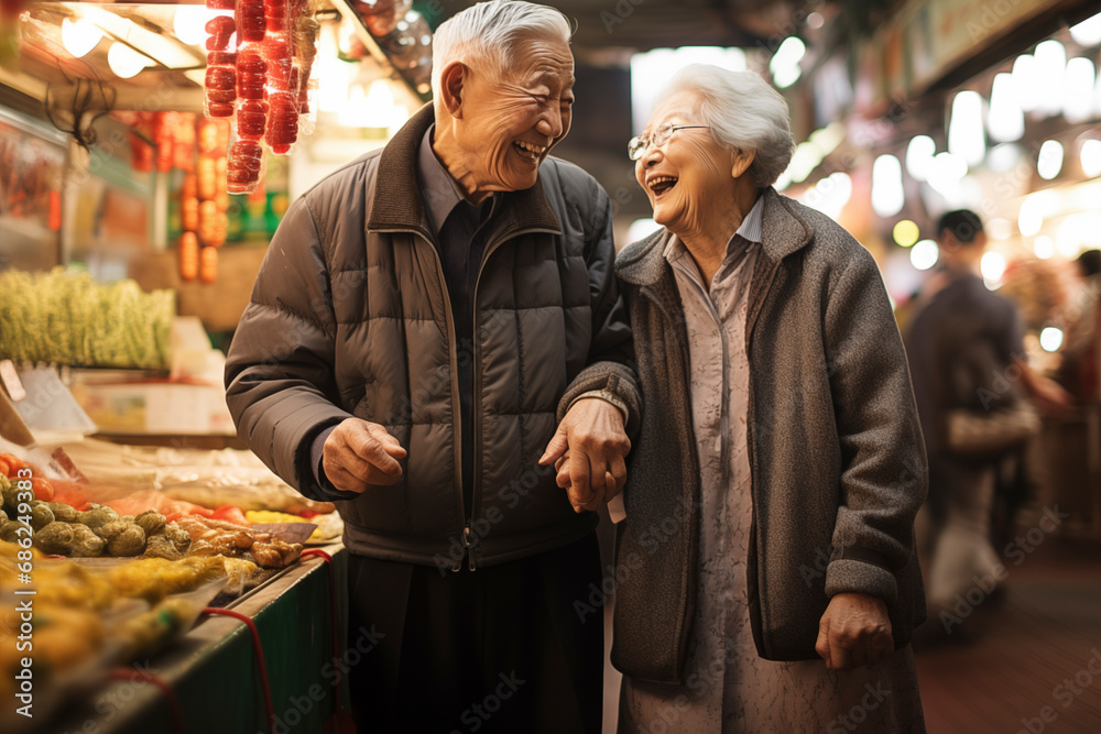 Elderly couple with white hair laughs happy. Eighty-year-old Asian newlyweds having a good time at the market - Senior couple in coat walking holding hands.