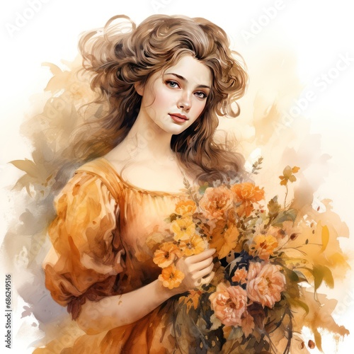 Victorian Lady in Autumn's Enchanting Florals in Exquisite Watercolor Clipart