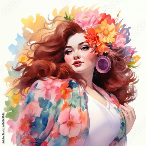 Plus Size Fashion Girl in Spring Watercolor Clipart