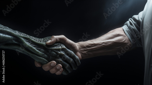 Human and black alien hands shaking isolated in a dark black background. Symbol of deal and collaboration between humanoid and extraterrestrial species of the galaxy photo