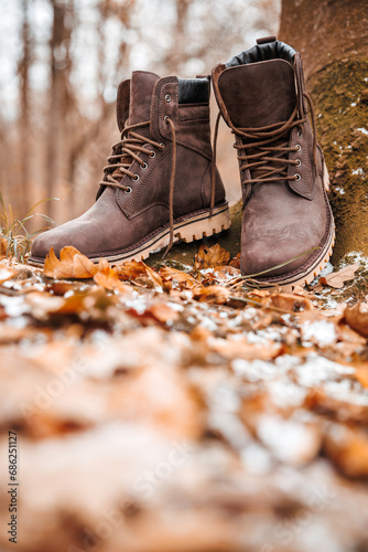 Leather ankle hiking boots are perfect for autumn or winter adventure and explorations. Outdoor waterproof shoes