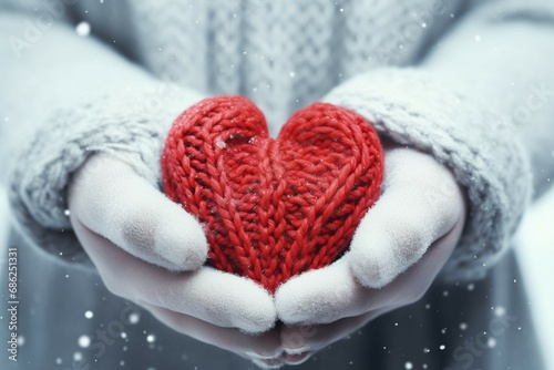 hands in knitted mittens shaping a heart from snow