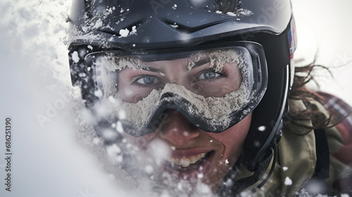Frozen Thrill: Visualize a close-up shot of a snowboarder's face, showcasing the thrill and determination as they conquer a challenging snowy descent photo