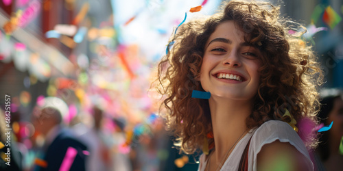 Woman smiling at carnival street parade, colorful streamers and confetti. ai generative