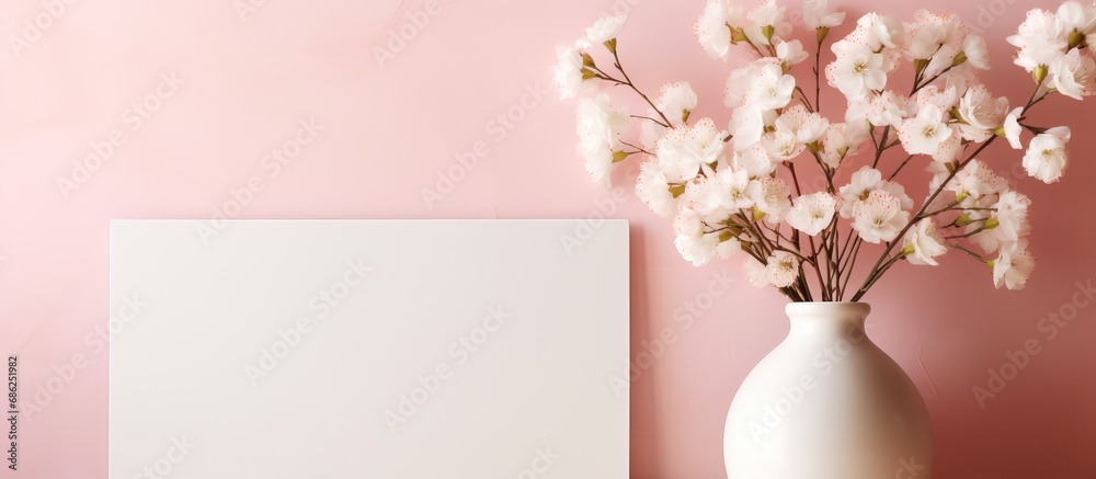 Wooden frame with flowers in a jar on a pink background