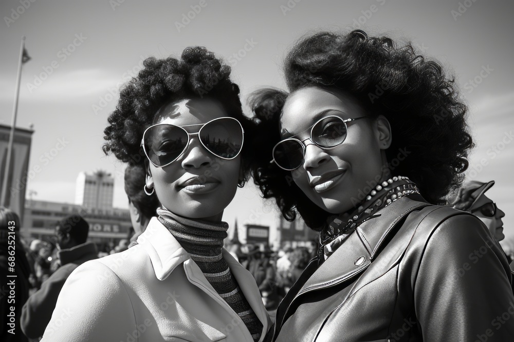 Handsome black women walking in the street, black and white candid street photography
