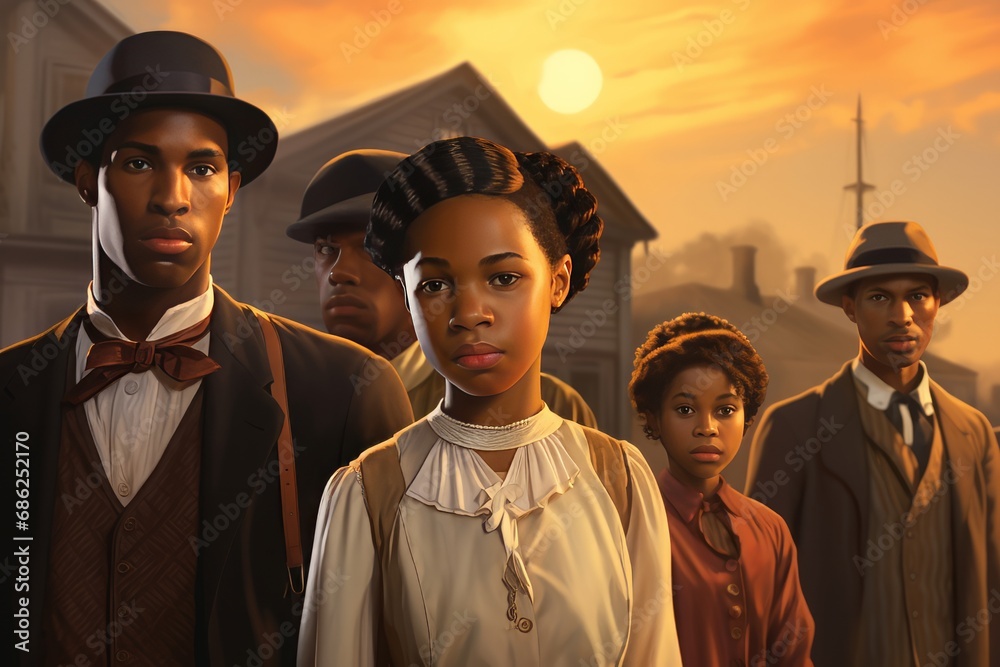 Obraz premium A group of african american people stand in a city, in the style of romantic depictions of historical events, southern countryside