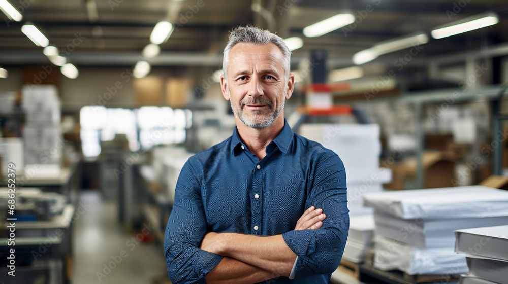 Portrait of a smiling mature man standing in a printing workshop. ai generative Portrait of a smiling mature man standing in a printing workshop. ai generative