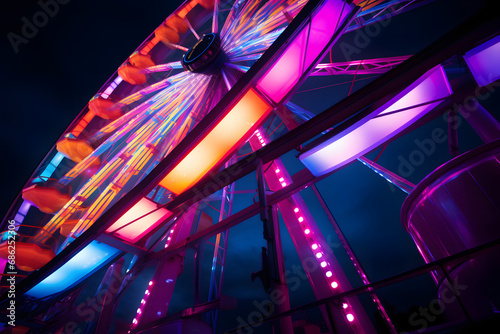 Neontraum in der Nacht - Langzeitbelichtetes Riesenrad in lebendigen Neonfarben im Jahrmarktspaß