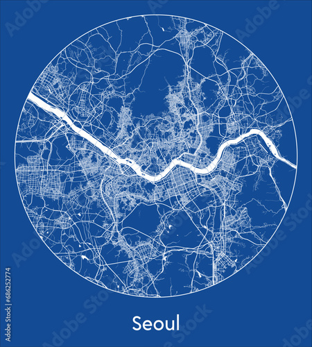 City Map Seoul South Korea Asia blue print round Circle vector illustration