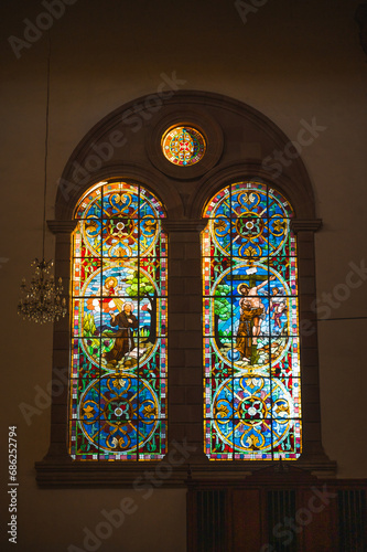 Stained glass windows of the Church of San Francisco de Asis at sunset
