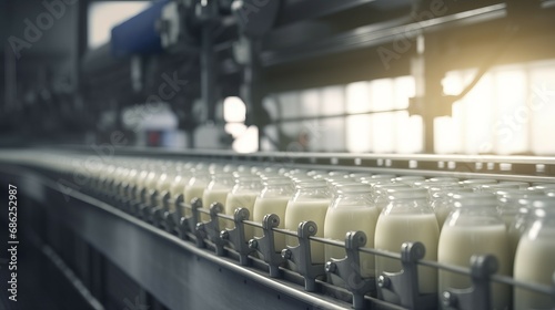 Rhythmic movement of milk bottle conveyor symbolizes streamlined process of dairy production, emphasizing efficiency and seamless flow of milk bottling, automation and productivity in dairy industry © TRAVELARIUM